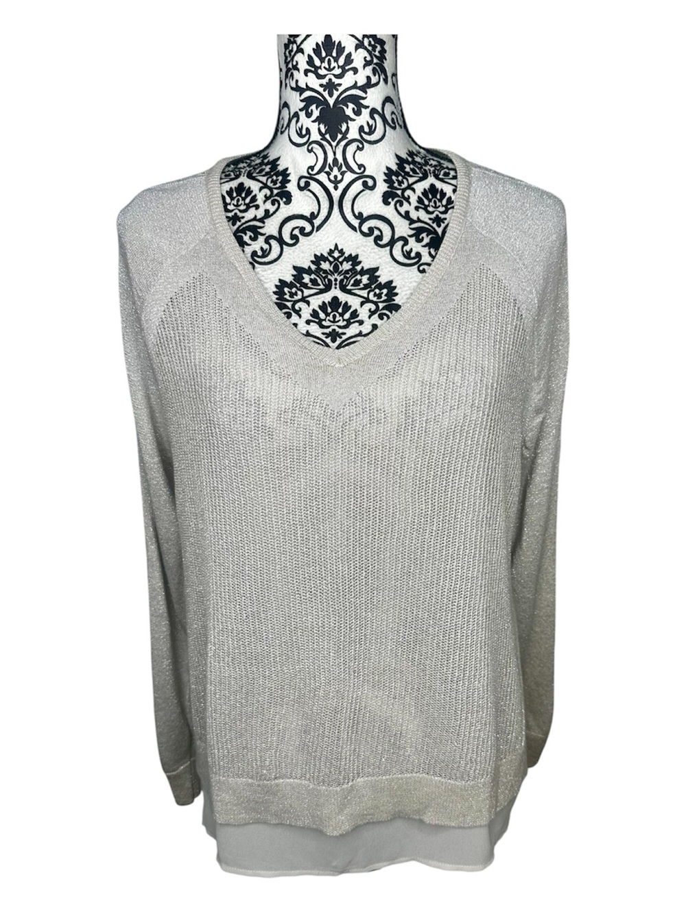 Lucky Brand V-Neck Metallic Shimmer Lined Ivory Knit Sweater Size L